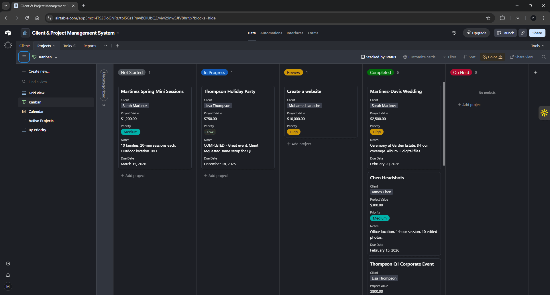 Airtable Projects View - Kanban board showing projects organized by status: Not Started, In Progress, Review, and Completed