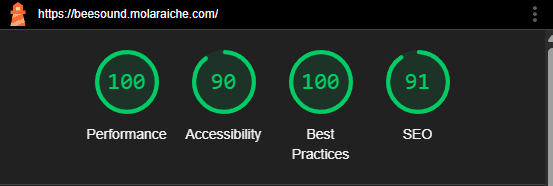 From a performance standpoint, Beesound hits all the right marks. According to Google Lighthouse, it scores 100 in Performance, 90 in Accessibility, 100 in Best Practices, and 91 in SEO. These numbers reflect a strong focus on speed, reliability, and technical SEO best practices, critical factors for any serious web application.